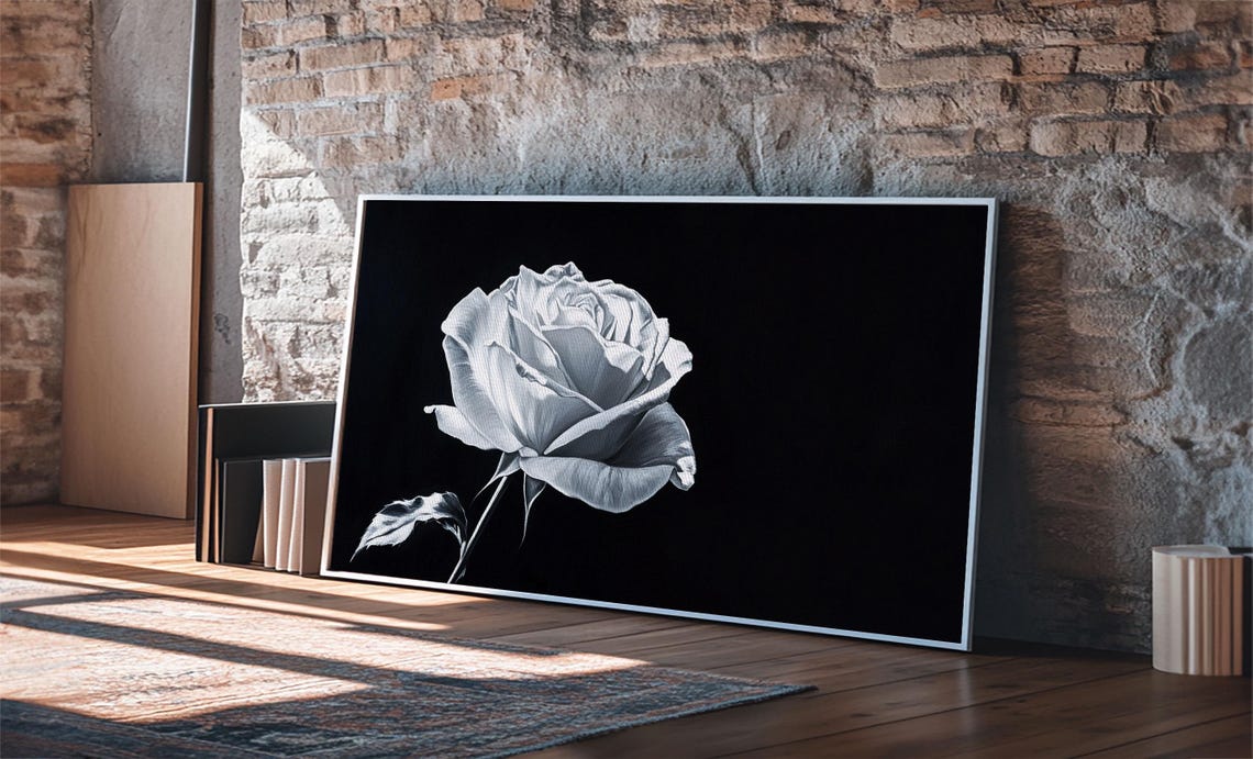 White Rose Monochrome Painting Black and White Floral Wall Art Print - Image 2