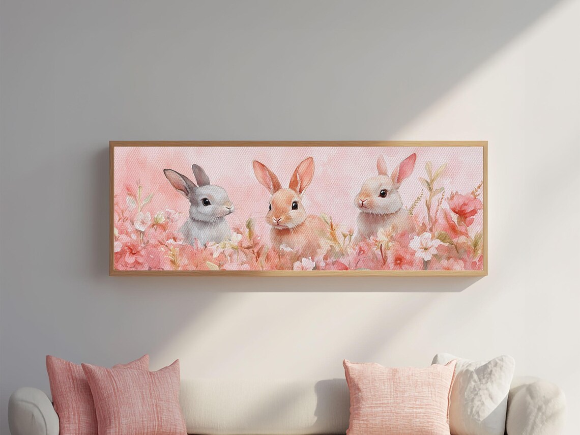Bunny Trio Pink Floral Field Watercolor Spring Nursery Wall Art Poster