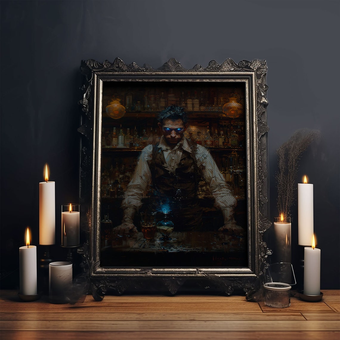Mysterious Bartender With Glowing Eyes Behind Haunted Bar Poster - Image 6
