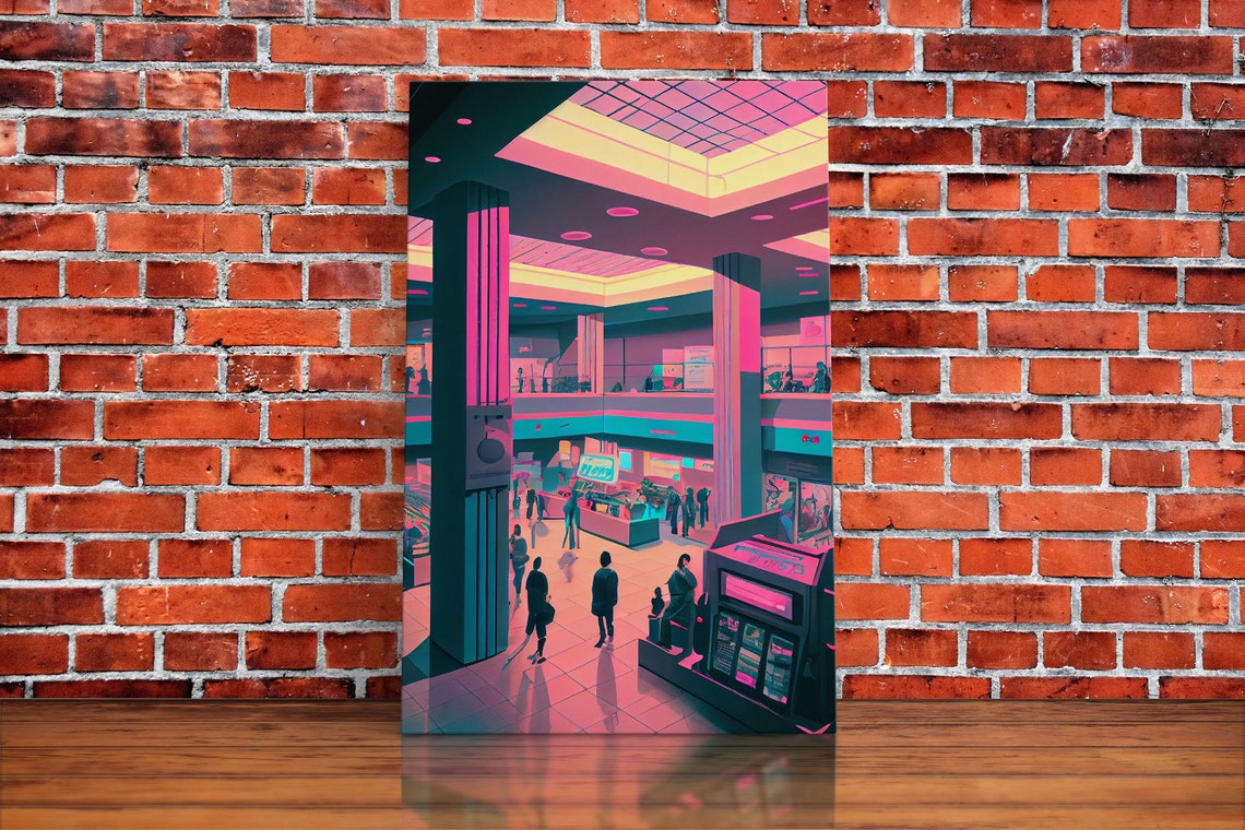 Retro 80s Mall Pink Teal Vaporwave Interior Neon Shopping Poster