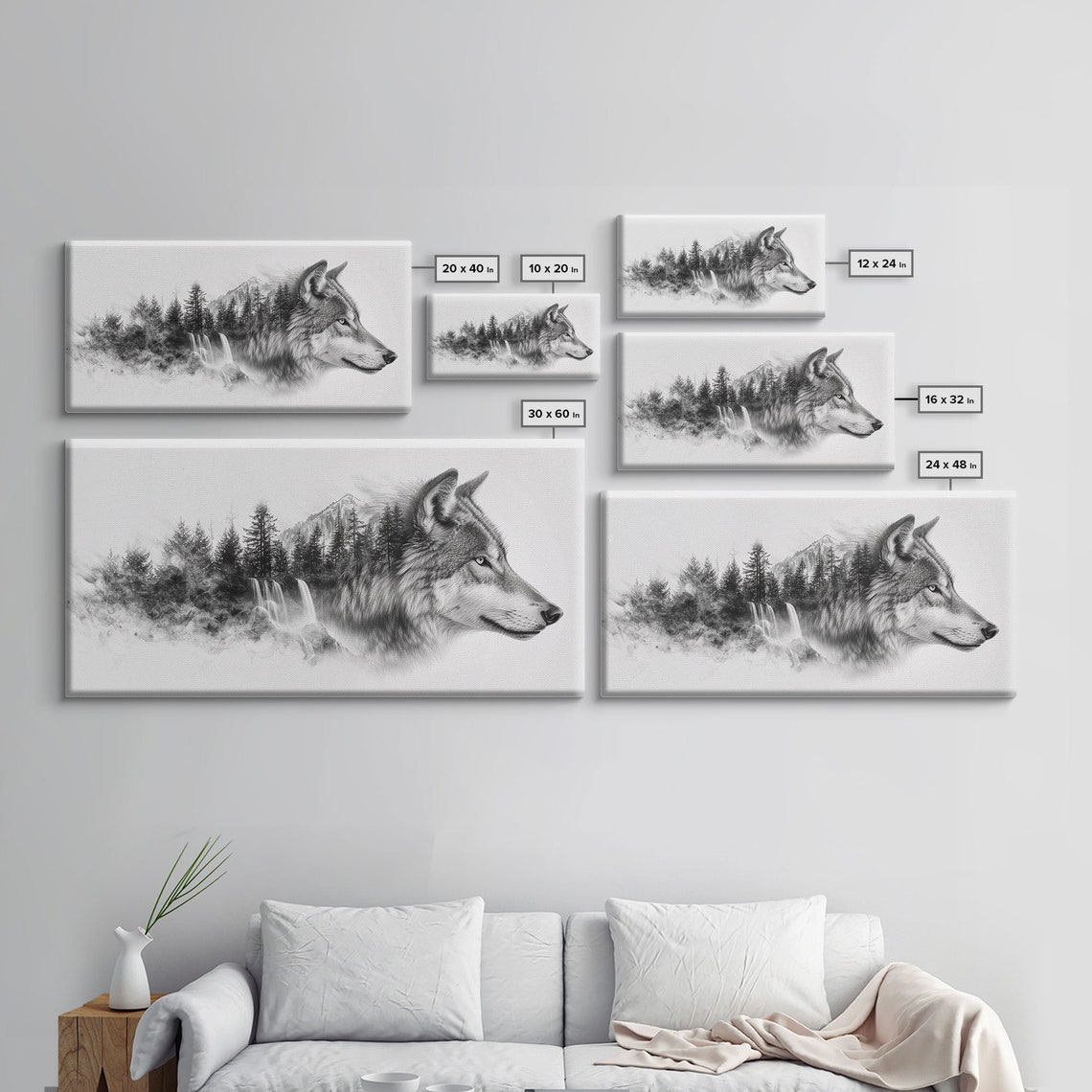 Wild Gray Wolf Head Pine Forest Waterfall Double Exposure Poster - Image 2