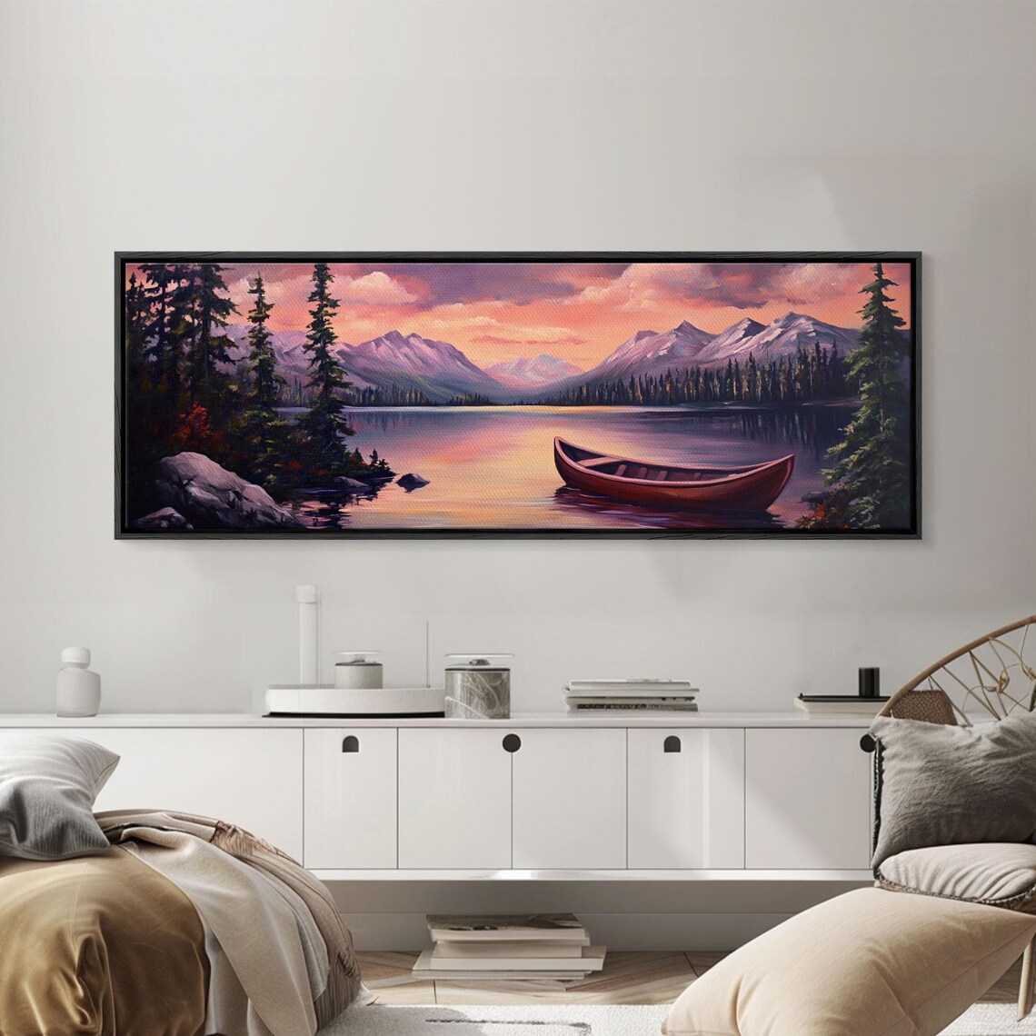 Pink Sunset Mountain Lake Red Canoe Pine Shore Landscape Poster - Image 6