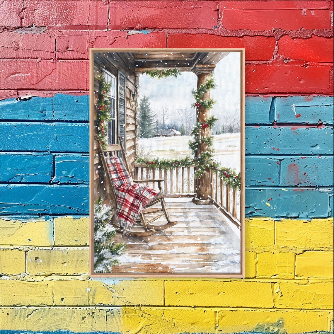 Snowy Farmhouse Porch Rocking Chair Christmas Garland Poster - Image 4