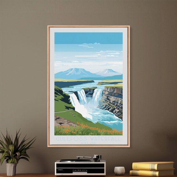 Gullfoss Waterfall Travel Poster Print Framed Wall Art Metal Wall Art Iceland Art Gift For Him Original Wall Art Travel Gift
