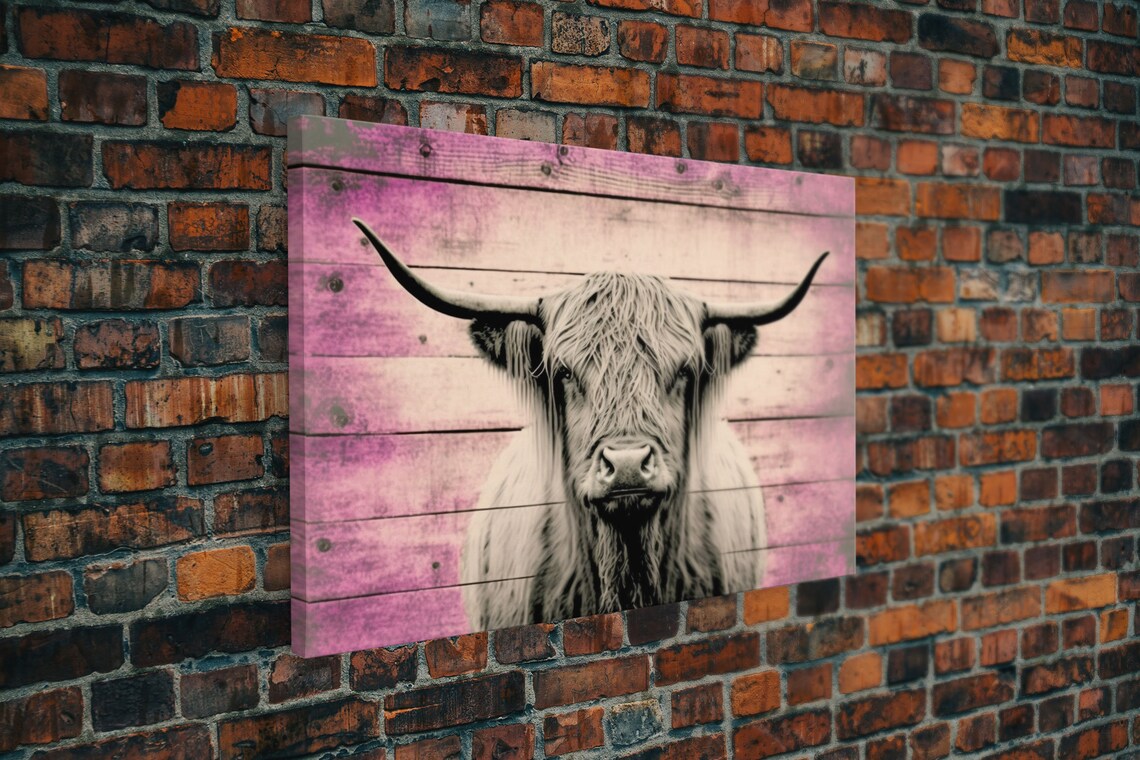 Highland Cow Pink Distressed Wood Portrait Rustic Farmhouse Art Poster - Image 5