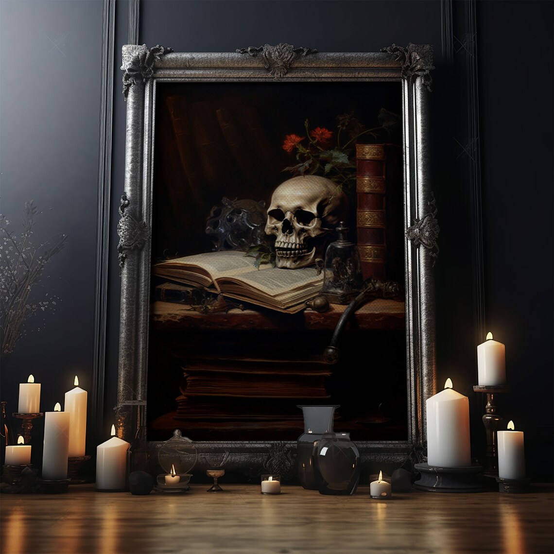 Victorian Bookshelf With Skull, Vintage Gothic Art Print - Image 4