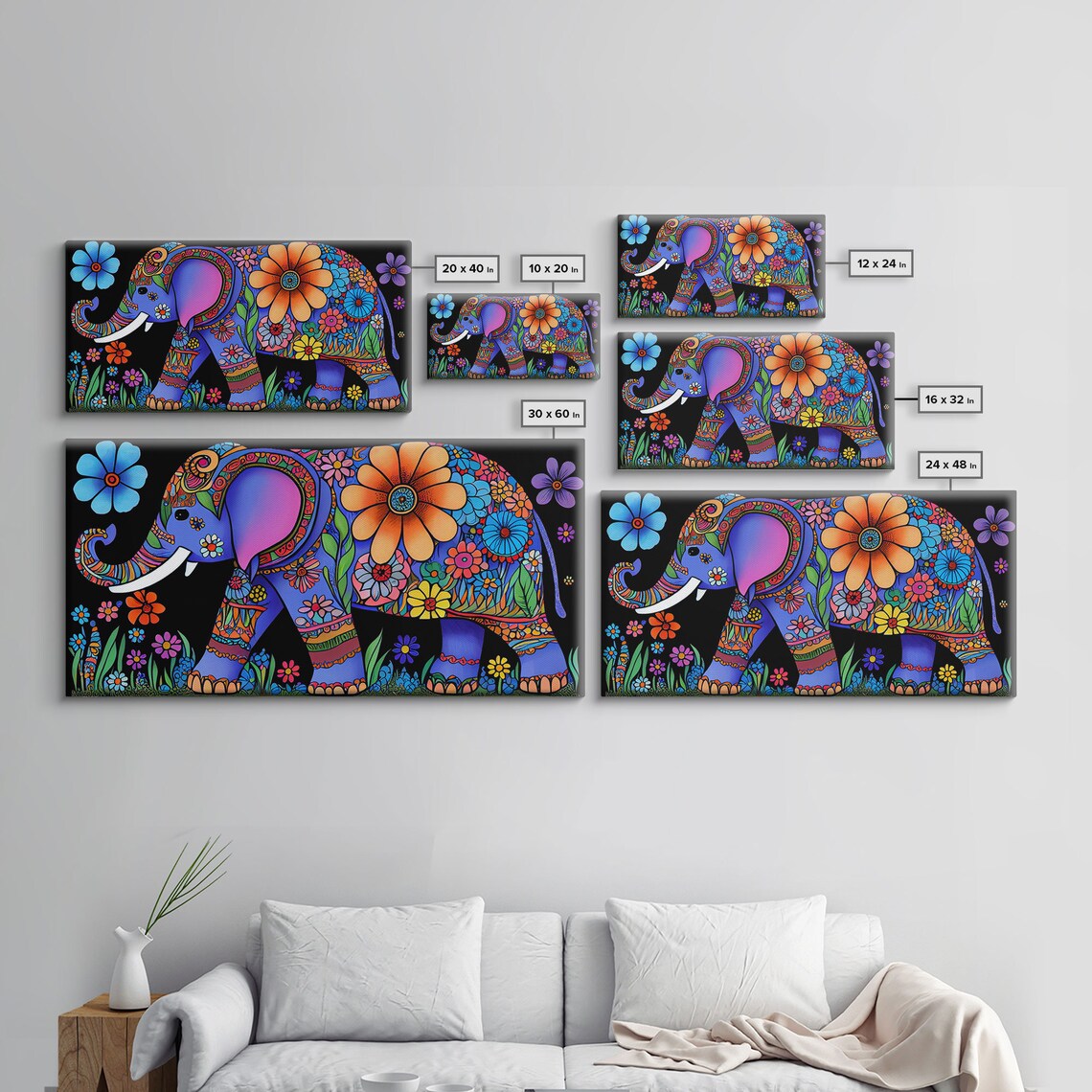 Elephant Abstract Art Print with Flowers, Indian Style - Image 2