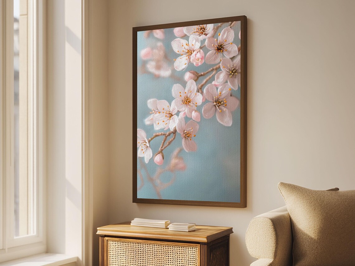 Delicate Cherry Blossom Branch Soft Blue Spring Floral Wall Art Poster - Image 4