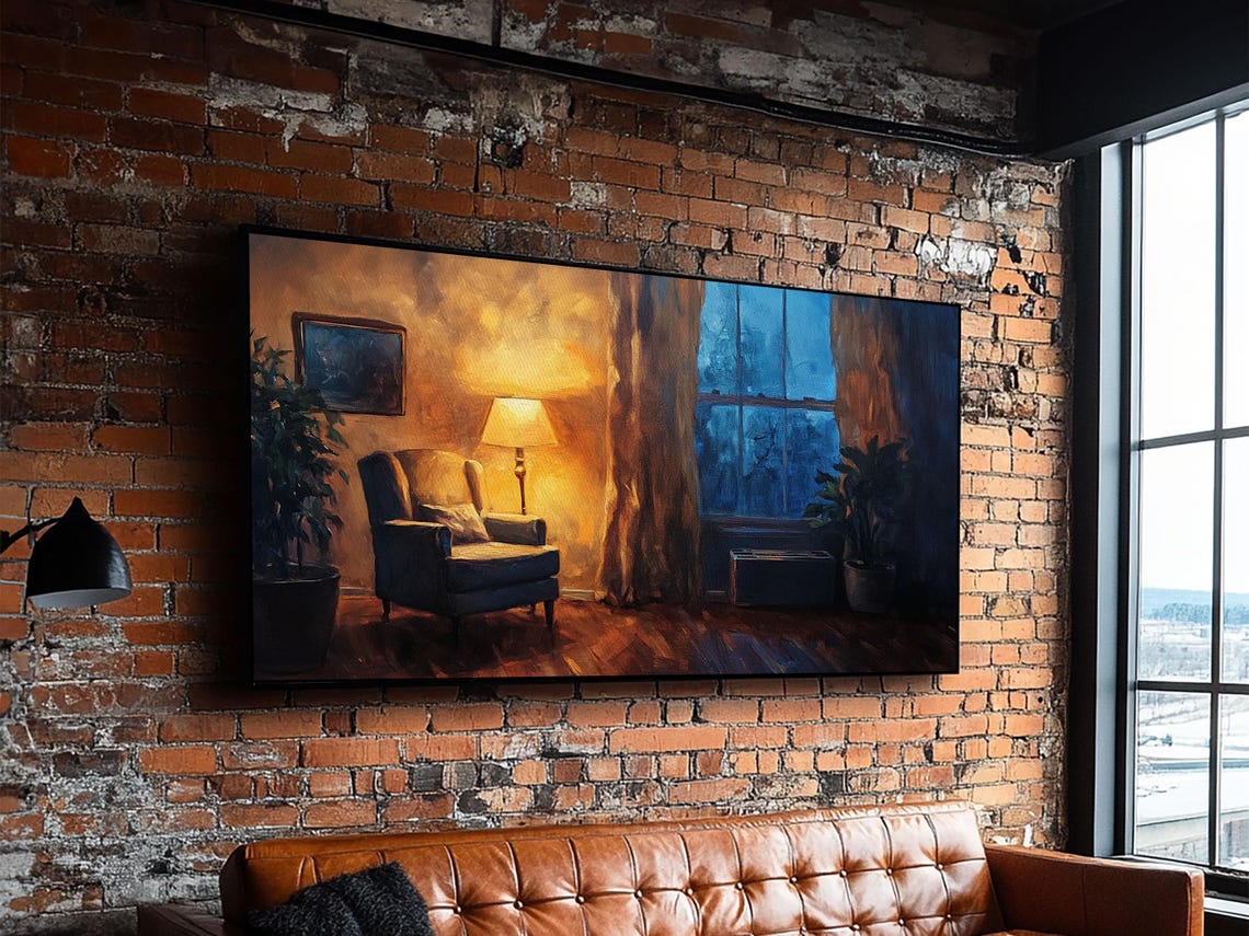 Cozy Armchair By Window Lamp Glow Evening Interior Oil Wall Poster - Image 3