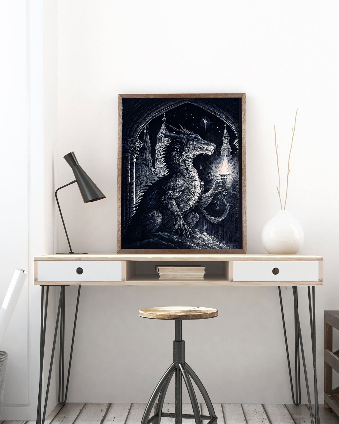 Dragon Holding A Torch, Black And White Poster Art