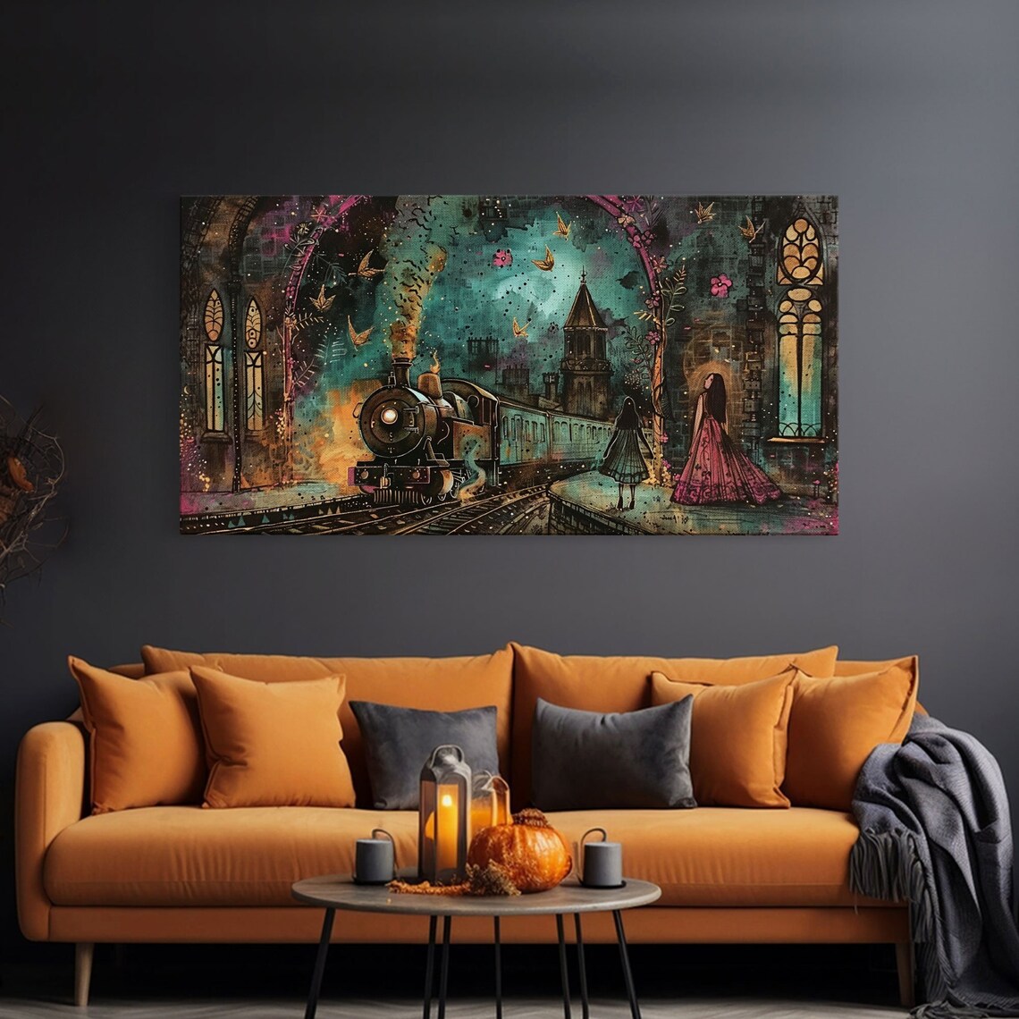 Spooky Steam Train Gothic Station Night Woman Red Dress Dark Academia Wall Art - Image 3
