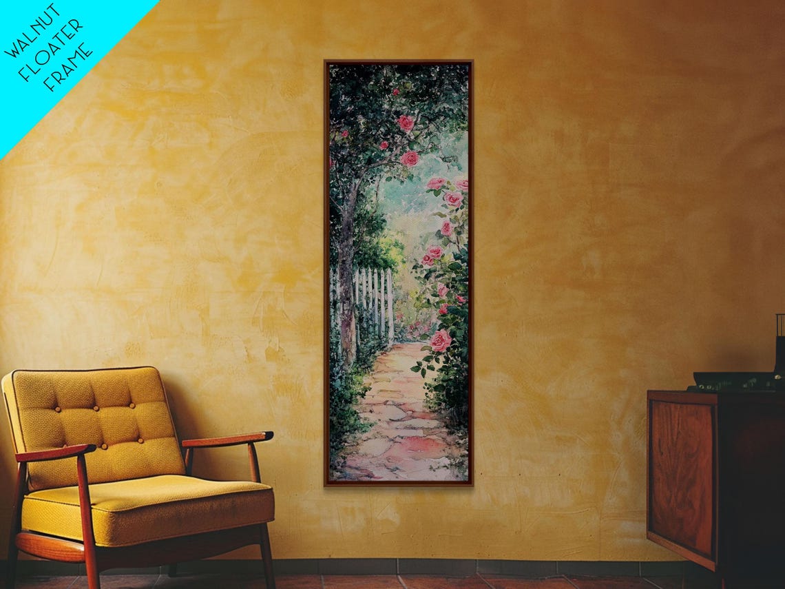Rose Garden Stone Path Pink Roses Watercolor Painting Vertical Poster - Image 6