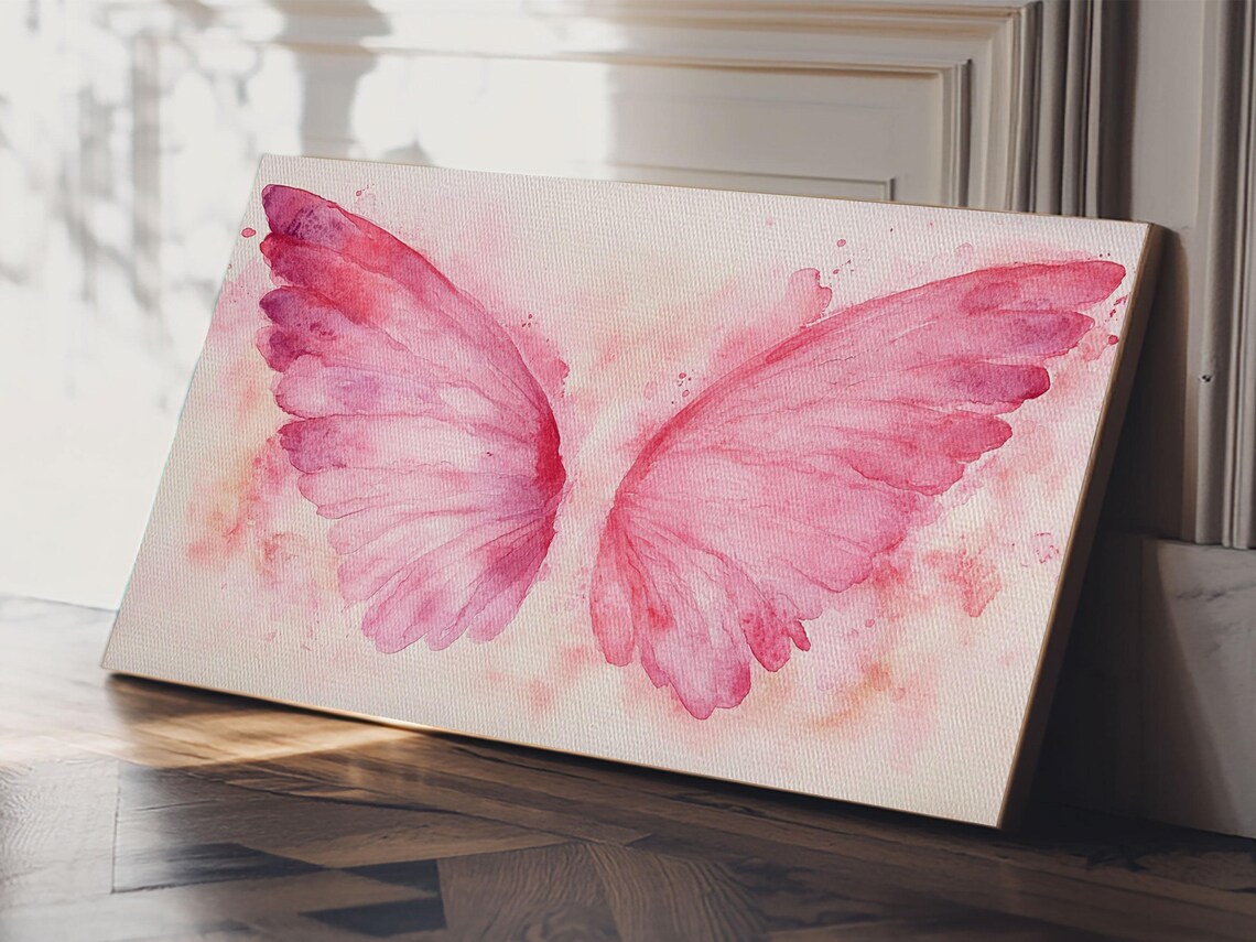 Pink Angel Wings Watercolor Whimsical Feminine Bedroom Wall Art Print