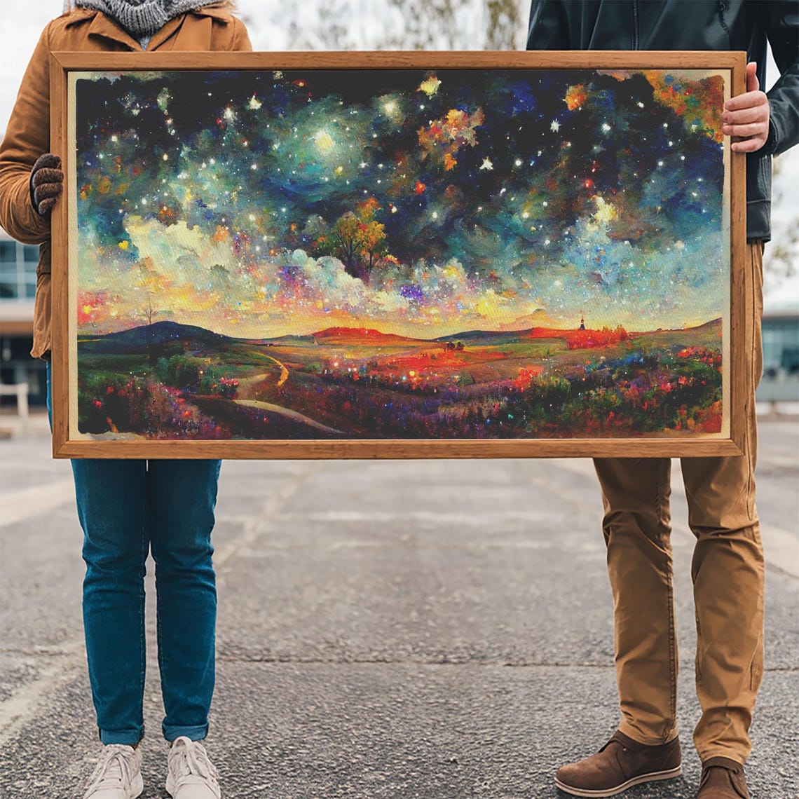 Night Starry Sky Landscape On Print Colorful Night Sky Painting Nature Painting Living Room Wall Art Spiritual Starry Painting - Image 3