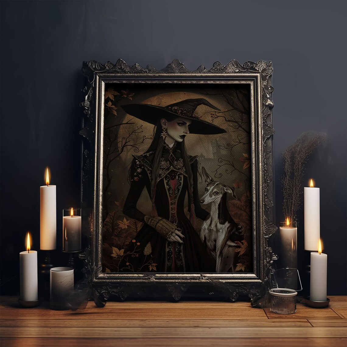 Gothic Witch With Elegant Dog, Halloween Art Print - Image 6