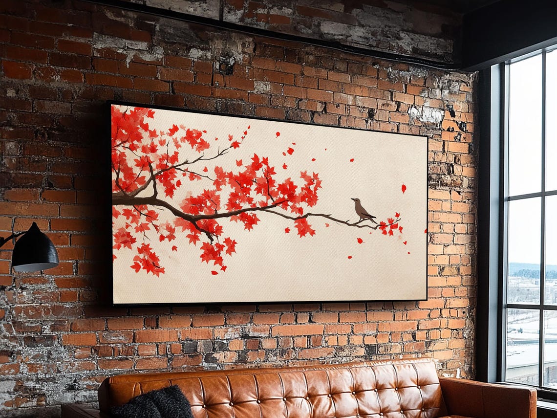 Red Maple Branch with Songbird Minimalist Autumn Fall Leaves Art Print - Image 2