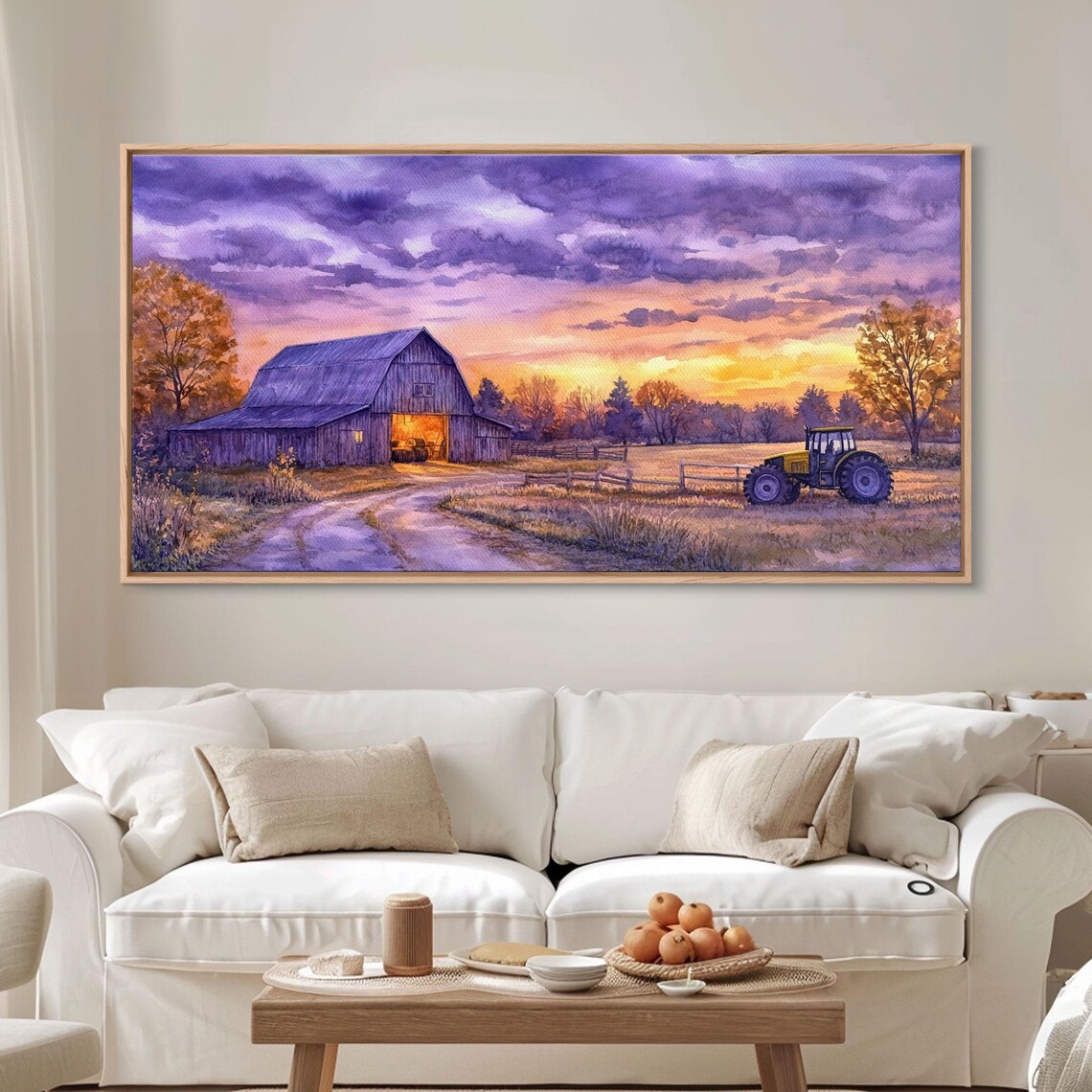 Purple Sunset Sky Barn With Tractor Glowing Farmhouse Art Print - Image 5