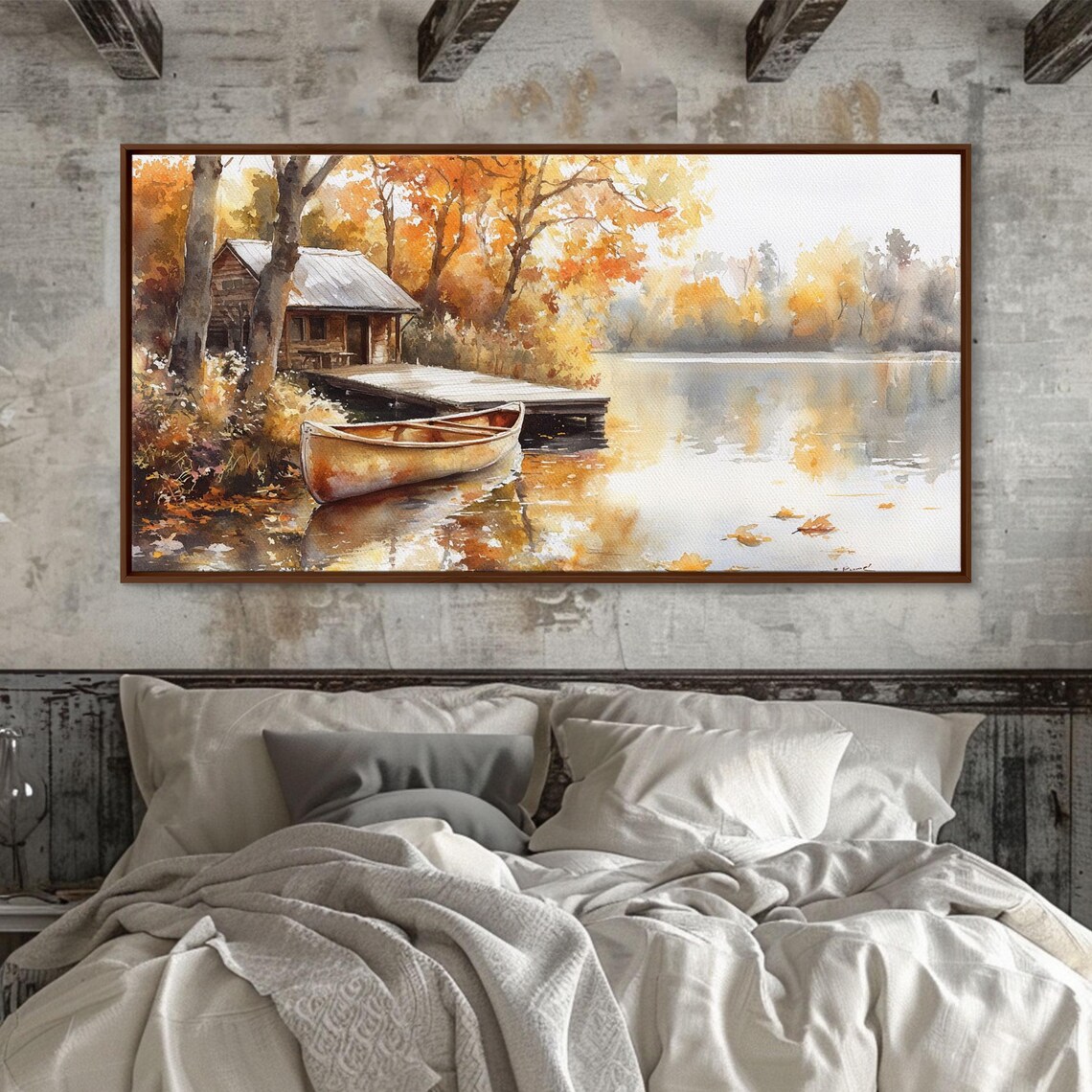 Autumn Lakeside Cabin Canoe Wooden Dock Golden Trees Calm Water Poster - Image 2