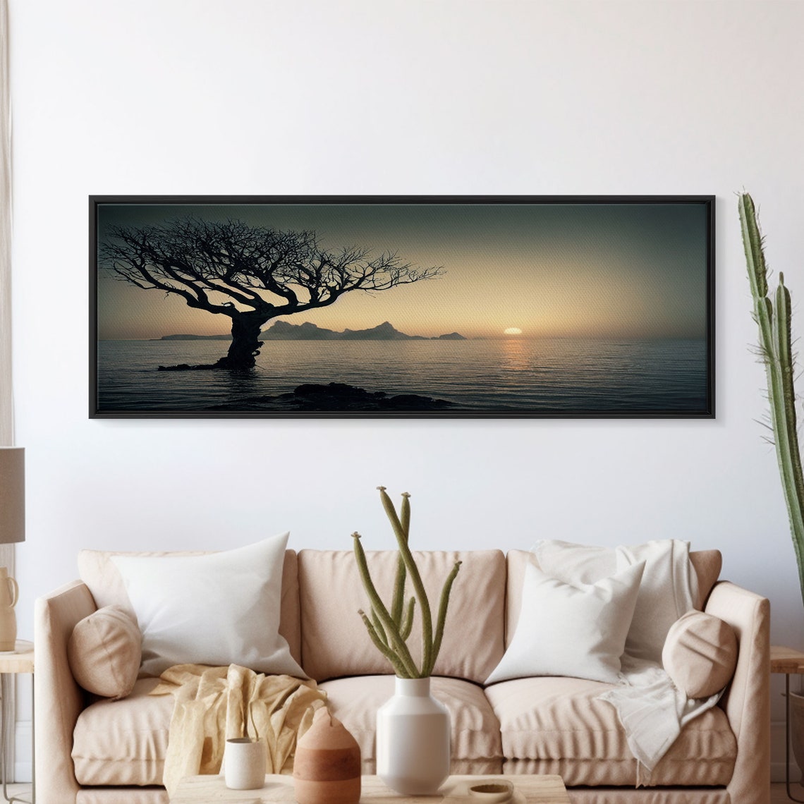Lone Tree Silhouette Over Ocean At Golden Sunset Panoramic Print - Image 5