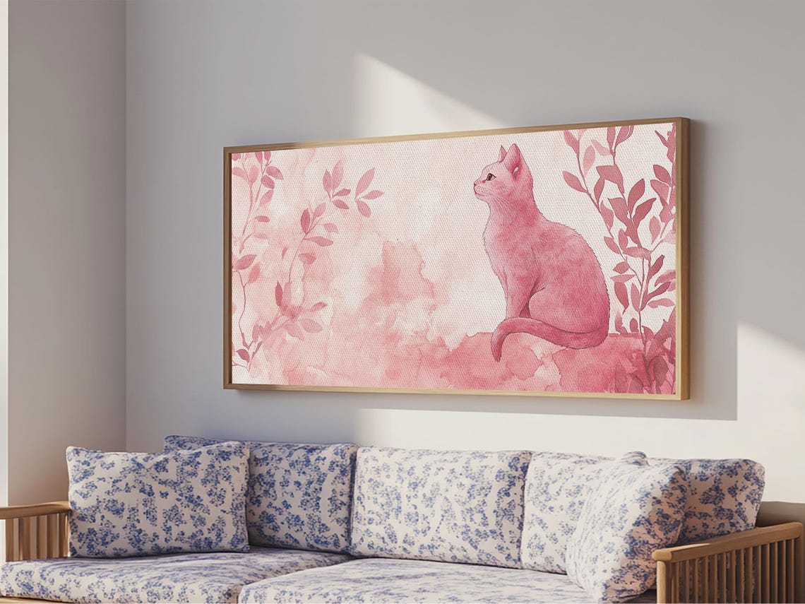 Blush Pink Cat Watercolor With Botanical Leaves Minimalist Wall Poster - Image 4