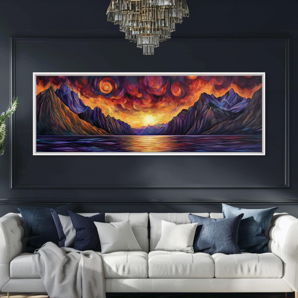 Fiery Sunset Over Dark Fjord Mountains Swirling Sky Fantasy Poster