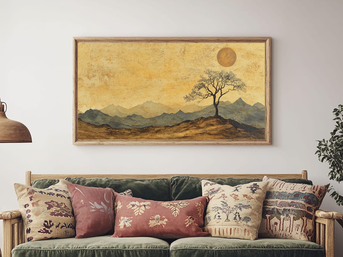 Lone Tree Golden Mountains Wabi Sabi Earthy Landscape Art Poster - Image 6