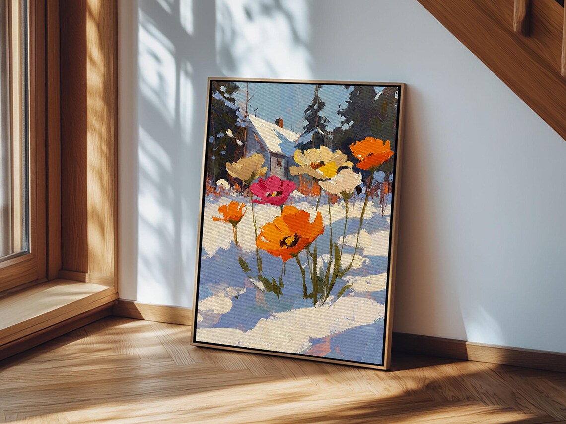 Wildflowers In Snow Orange Poppies Winter Cottage Art Poster - Image 3