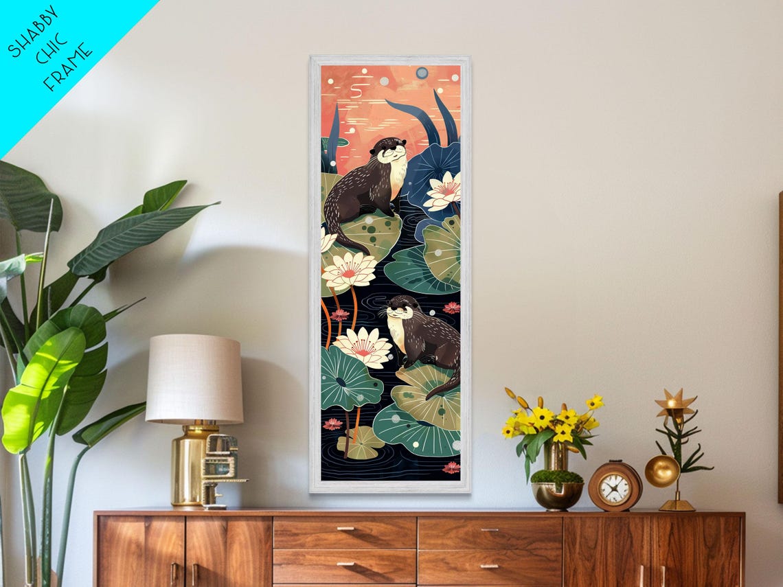 Playful Otters Lily Pad Pond Floral Cute Tall Vertical Art Print - Image 3