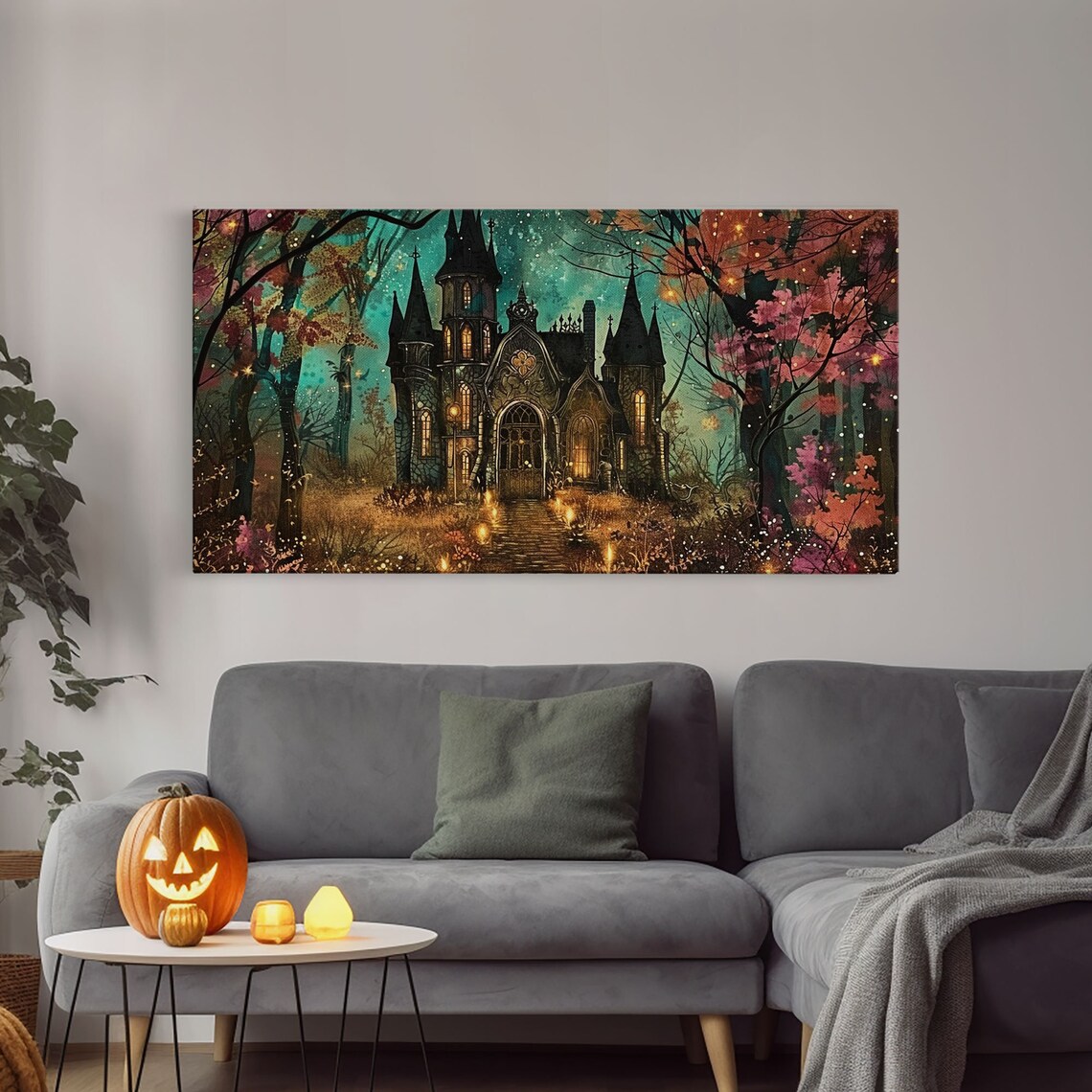 Haunted Gothic House Autumn Woods Glowing Windows Spooky Halloween Wall Art