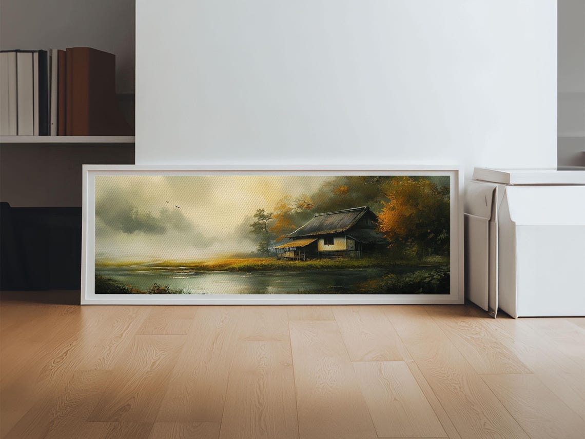 Autumn Lakeside Cabin Misty Water Golden Trees Rustic Wall Poster - Image 6