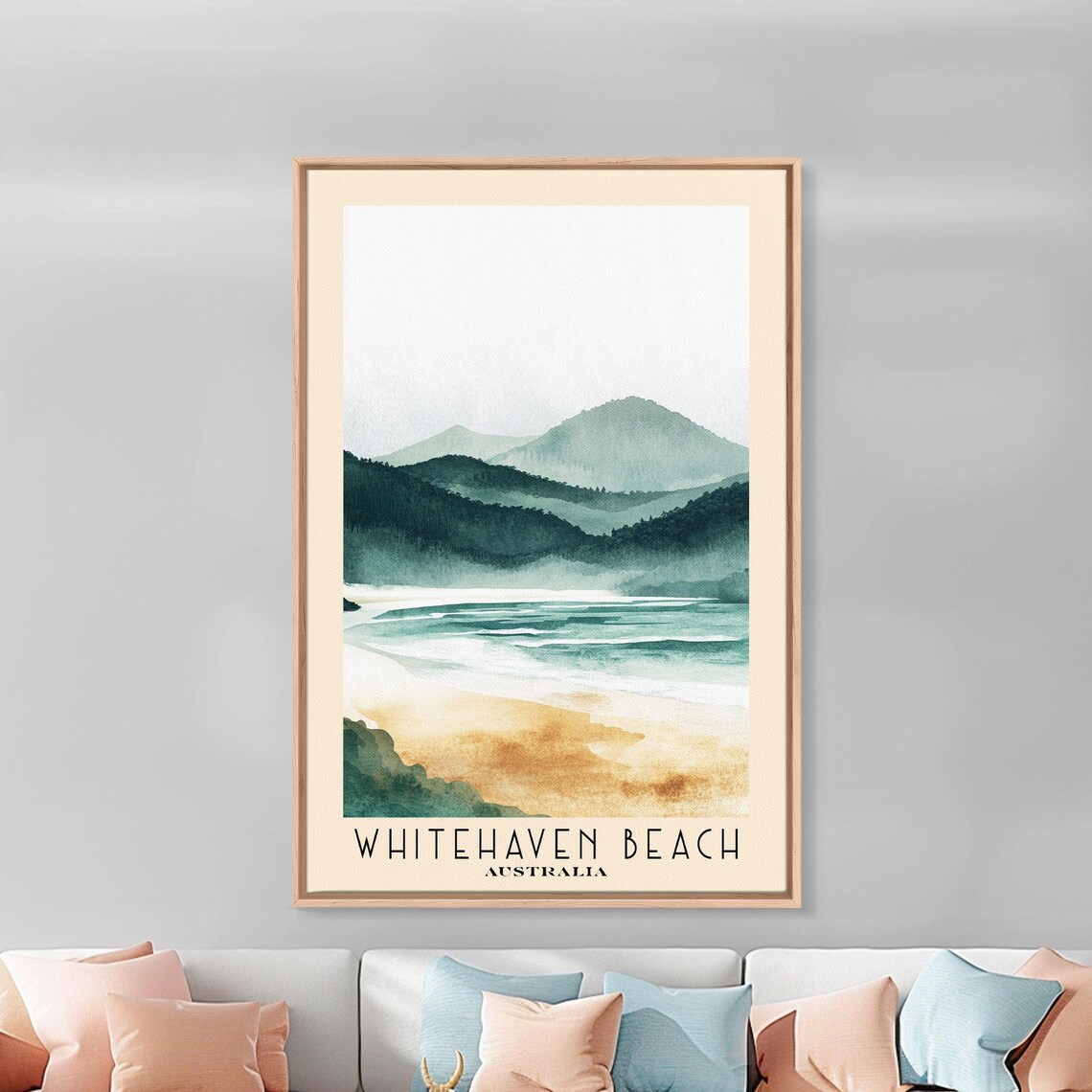 Whitehaven Beach Australia Misty Mountain Coast Watercolor Poster - Image 2