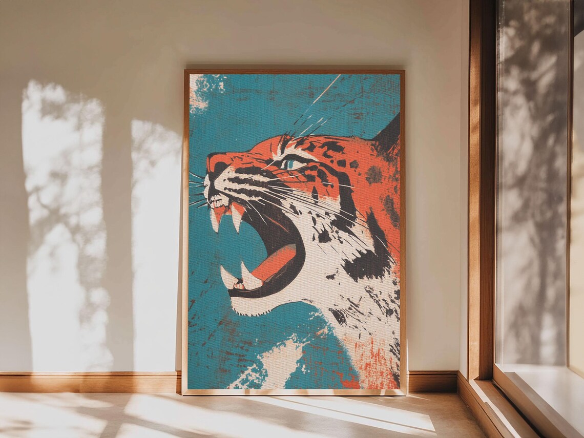 Roaring Tiger Head Bold Orange and Teal Japanese Pop Art Animal Poster - Image 3
