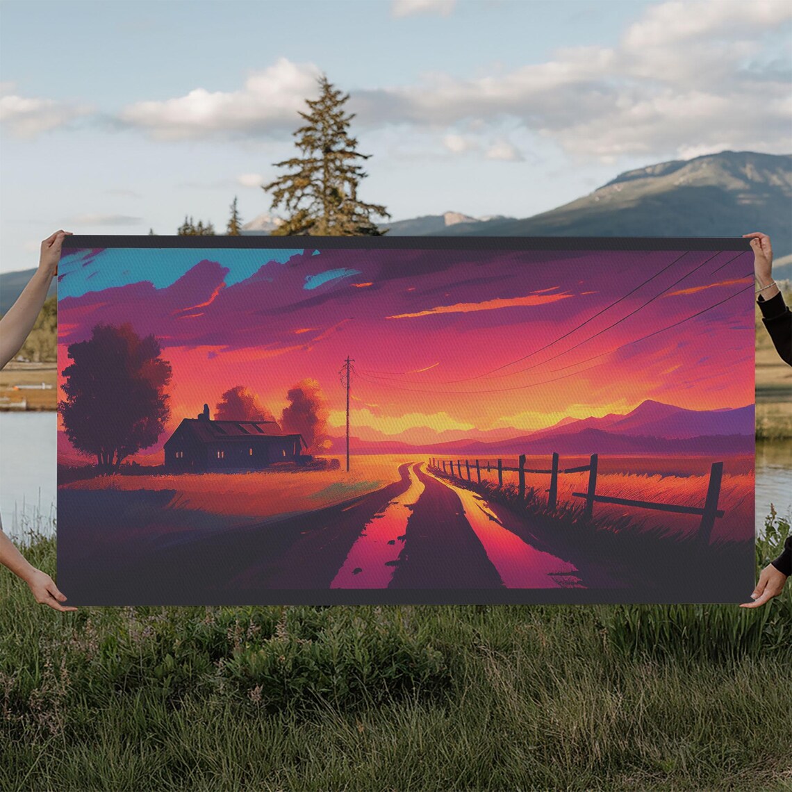 Synthwave Farmhouse Sunset Dirt Road Neon Purple Orange Sky Wall Art