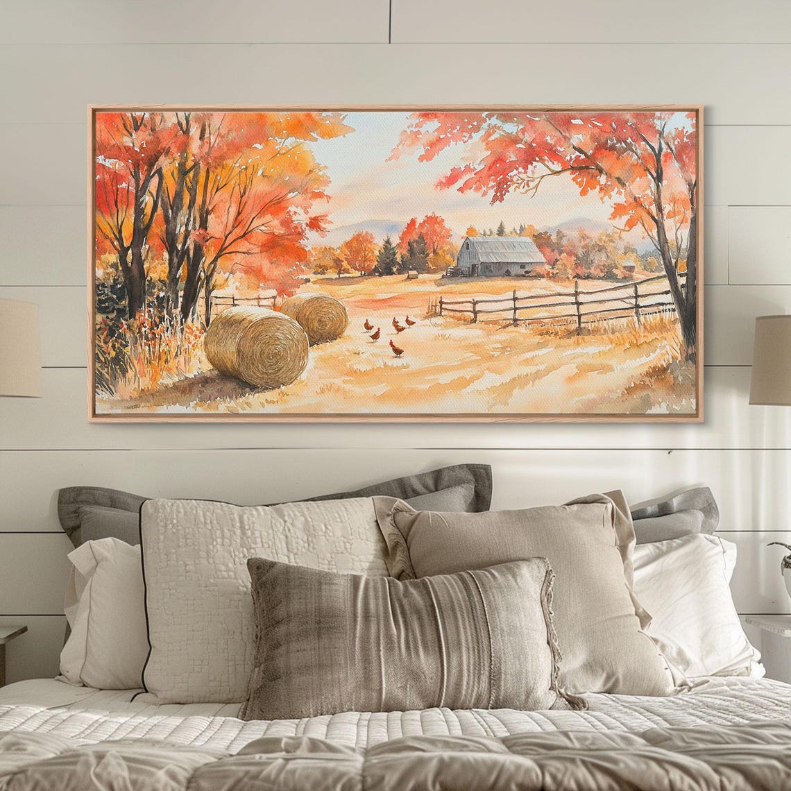 Autumn Farm Scene With Hay Bales Chickens And Old Barn Art Print - Image 6