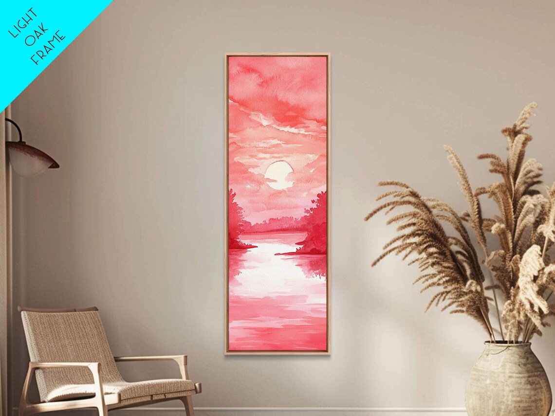 Pink Sunset Lake Watercolor Landscape Painting Vertical Wall Art - Image 5