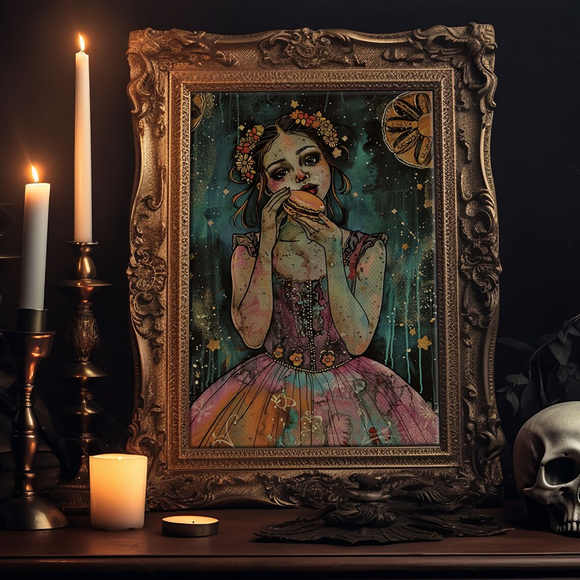 Girl Eating Macaron Flower Crown Vintage Spooky Sweet Art Poster - Image 6
