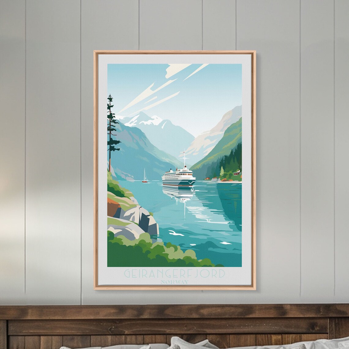Geirangerfjord Norway Cruise Ship Fjord Snowy Peaks View Poster