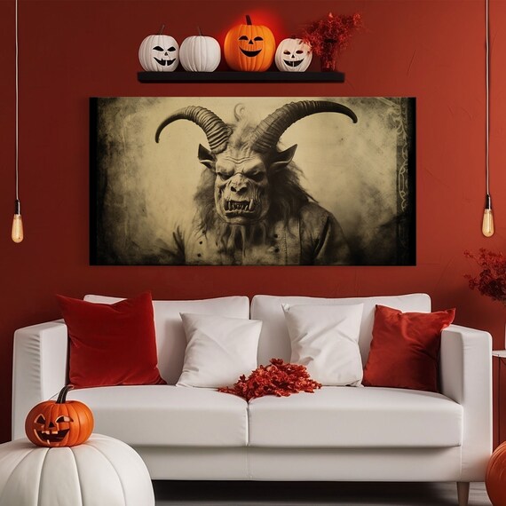 Ram Horned Demon Portrait Long Curved Horns Sepia Vintage Horror Art Poster