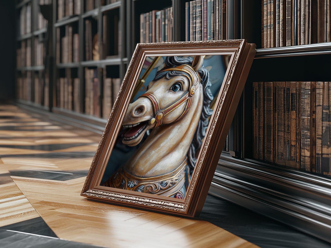 Vintage Carousel Horse Head Eerie Carnival Painting Art Print - Image 6