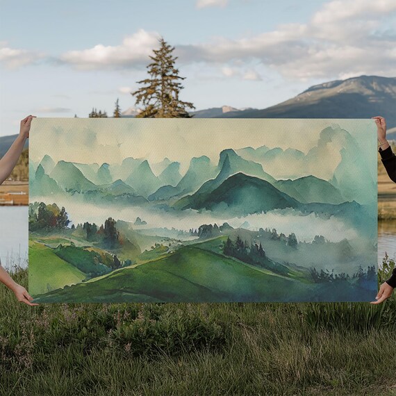 Green Blue Foggy Mountain Valley Watercolor Art Print Panoramic Misty Rolling Hills Landscape Extra Large Panorama Print