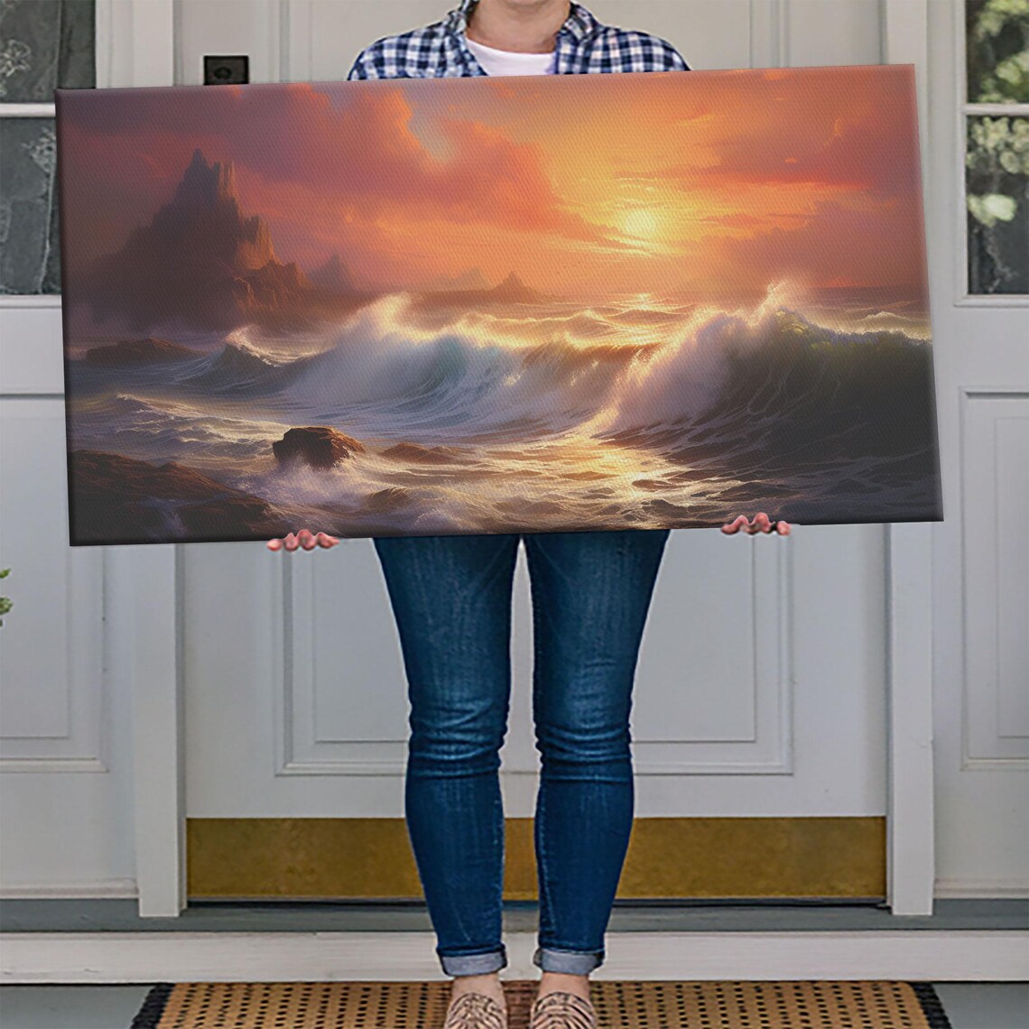 Dramatic Ocean Sunset Cliffs Crashing Waves Seascape Painting Wall Poster - Image 4