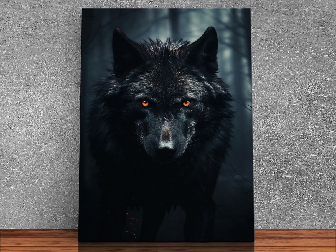 Red Eyed Wolf Print, Black Wolf On The Hunt - Image 3