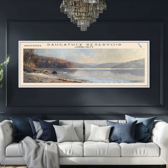 Saugatuck Reservoir Connecticut Framed Print Lake House Decor Panoramic Wall Art Travel Poster Lake Painting Living Room Decor