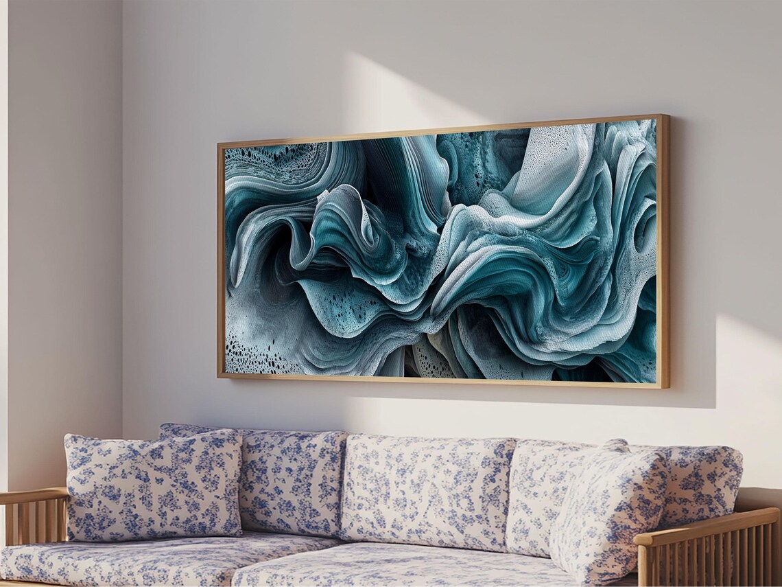 Blue Textured Ocean Wave Abstract Fluid Sage Coastal Bedroom Wall Art Print - Image 3