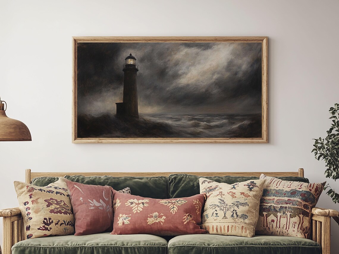 Dark Stormy Lighthouse Painting Moody Black Seas Night Ocean Wall Art Print - Image 5