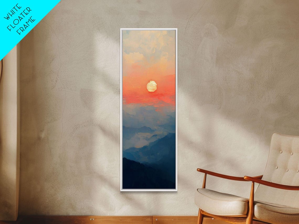 Sunset Over Layered Mountains Coral Sun Misty Peaks Wall Art - Image 4