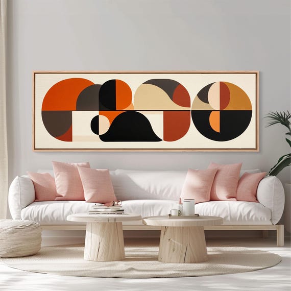 Earthy Tones Mcm Style Panoramic Print Geometric Shapes Abstract Wall Art Extra Wide Oversized Art
