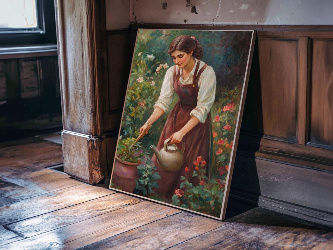 Woman Watering Flowers In Lush Garden Vintage Oil Painting Wall Art - Image 6
