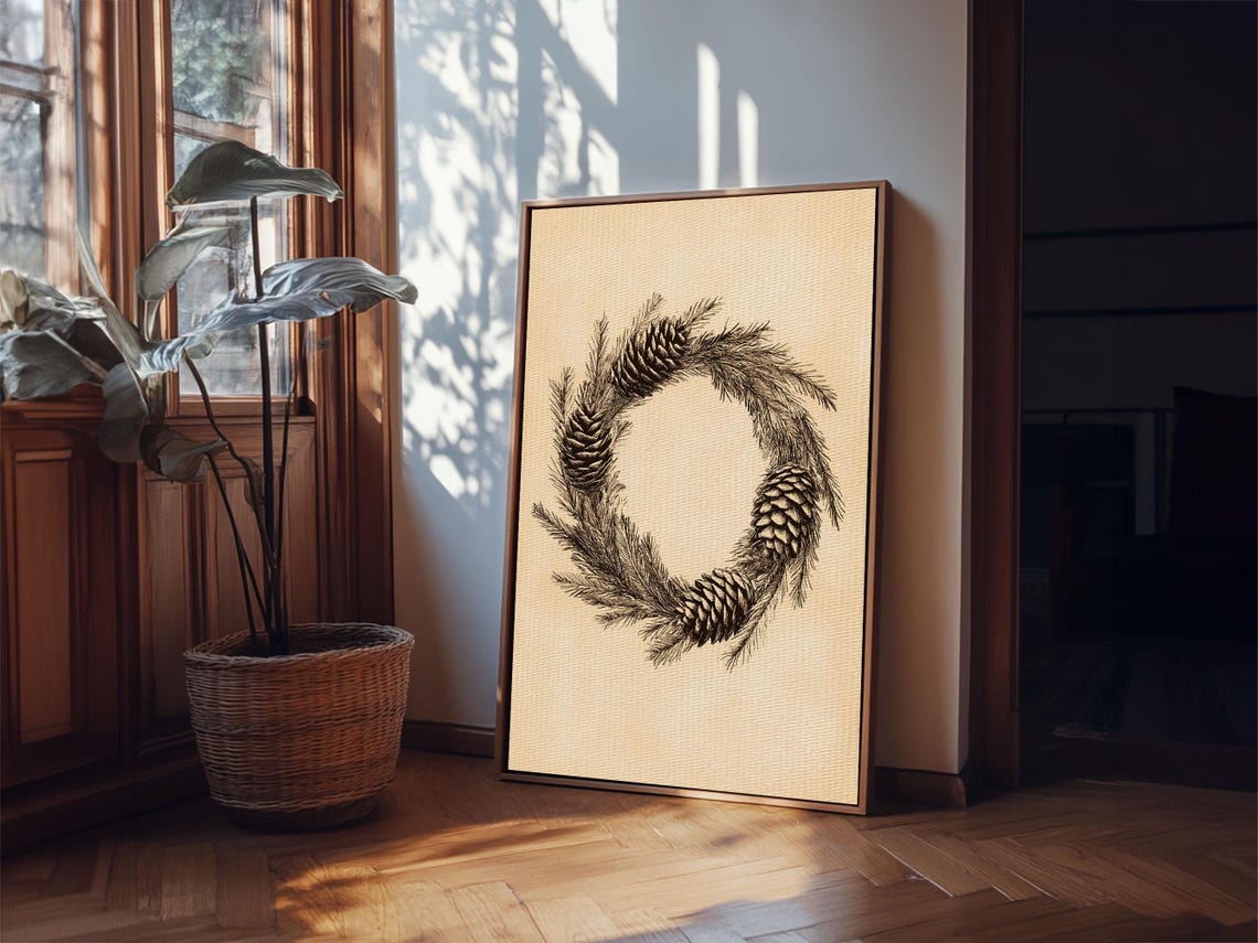 Pine Cone and Evergreen Wreath Black Sketch Christmas Holiday Poster - Image 3