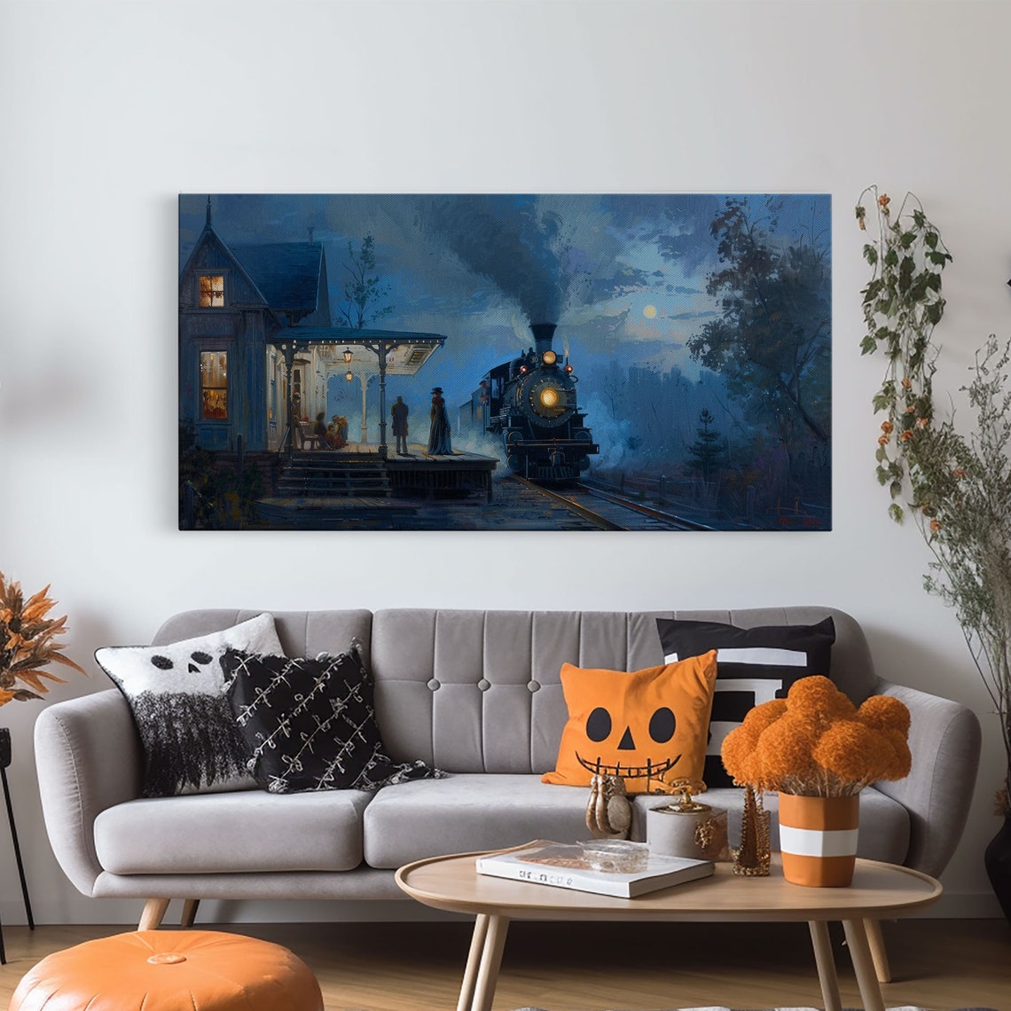 Steam Train Arriving At Moonlit Night Station Spooky Halloween Print - Image 6